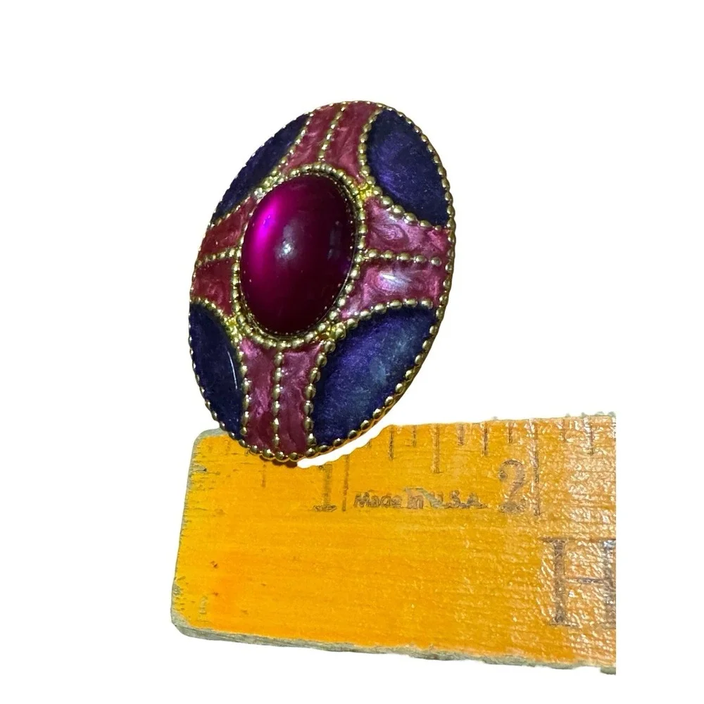 Vintage Enamel Oval Brooch Red‎ Purple Cabochon Gold Tone Statement Pin Retro